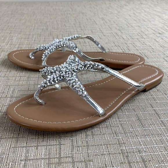 Women’s Sparkly Silver Beachy Rhinestone Starfish Flat Sandals Flip Flops Sz 6 - Picture 8 of 15